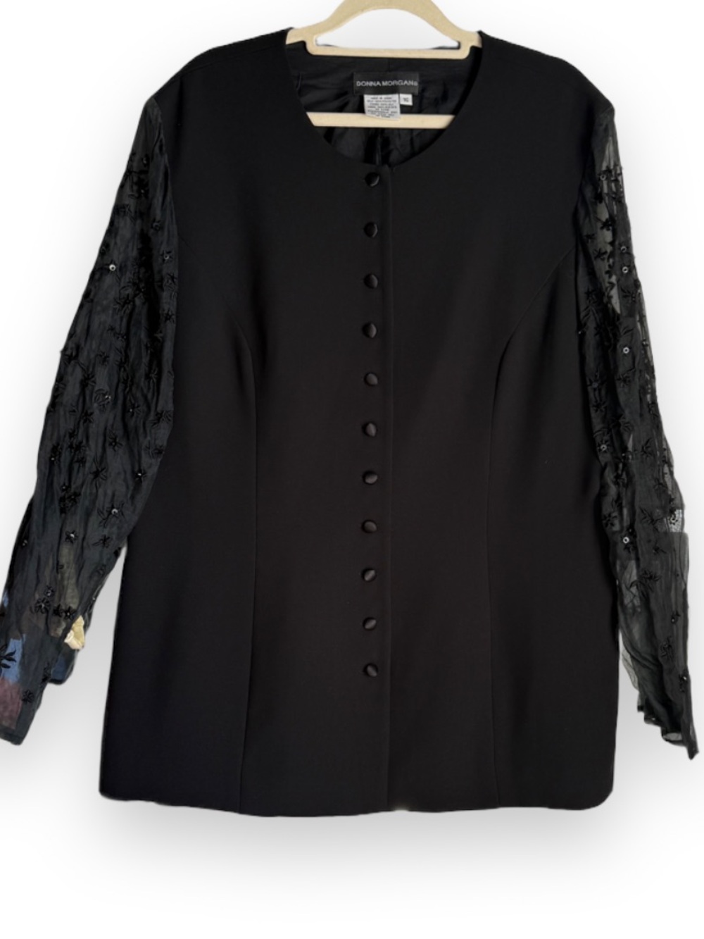 Donna Morgan Black Button-Front Blouse with Embroidered Sheer Sleeves